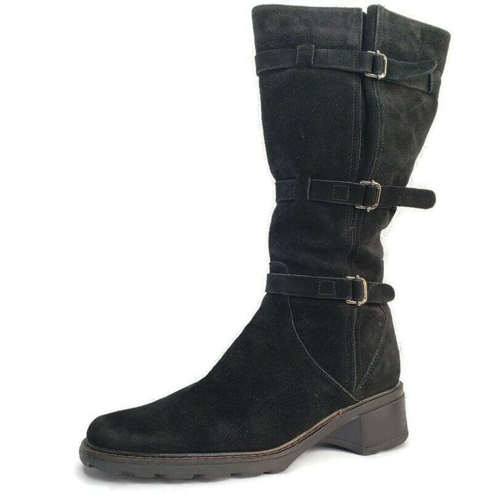 Aquatalia Black Suede Knee High Buckles Tall Block Heel Riding Boots Women SZ 10